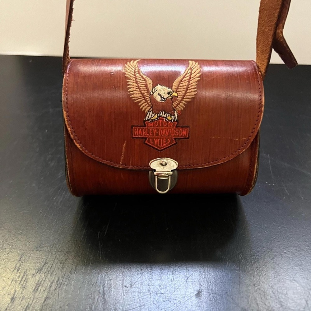 VTG Harley-Davidson Brown Leather‎ Saddle Bag with Eagle Embroidered Emblem